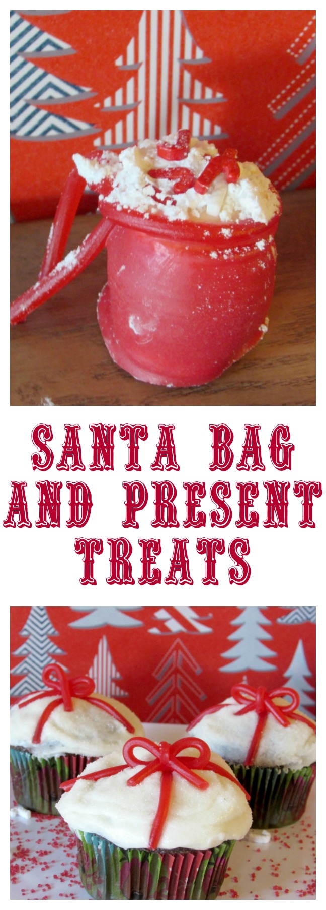 Santa Bag and Present Treats. How to make marshmallow Santa bags with snow and candy canes inside. Also present cupcakes for Santa