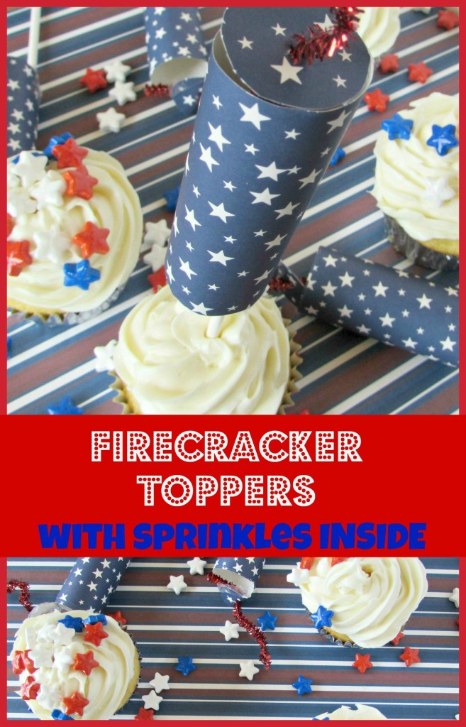 firecracker cupcake toppers, 4th of July cupcake toppers, cupcake topper with candy inside, star candy, firework cupcake topper