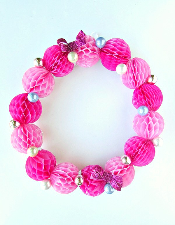 Easy and bright pink honeycomb wreath