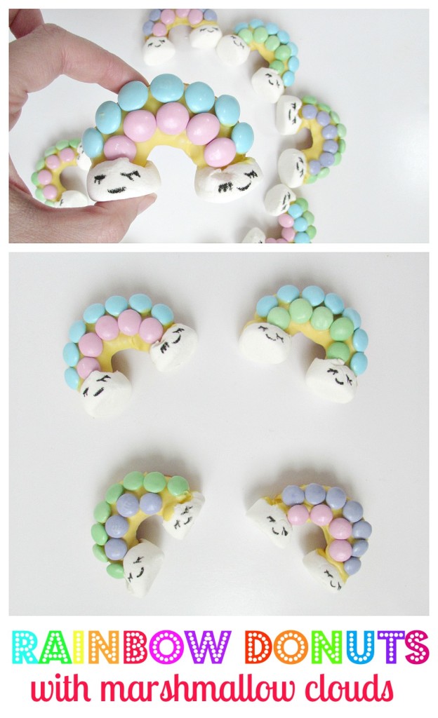 Rainbow Donuts with marshmallow clouds! These are the cutest rainbow donuts