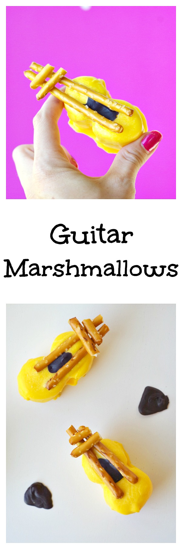 Chcolate Covered Guitar Marshmallows! These marshmallows are perfect for the music lover or a rock n roll party dessert.