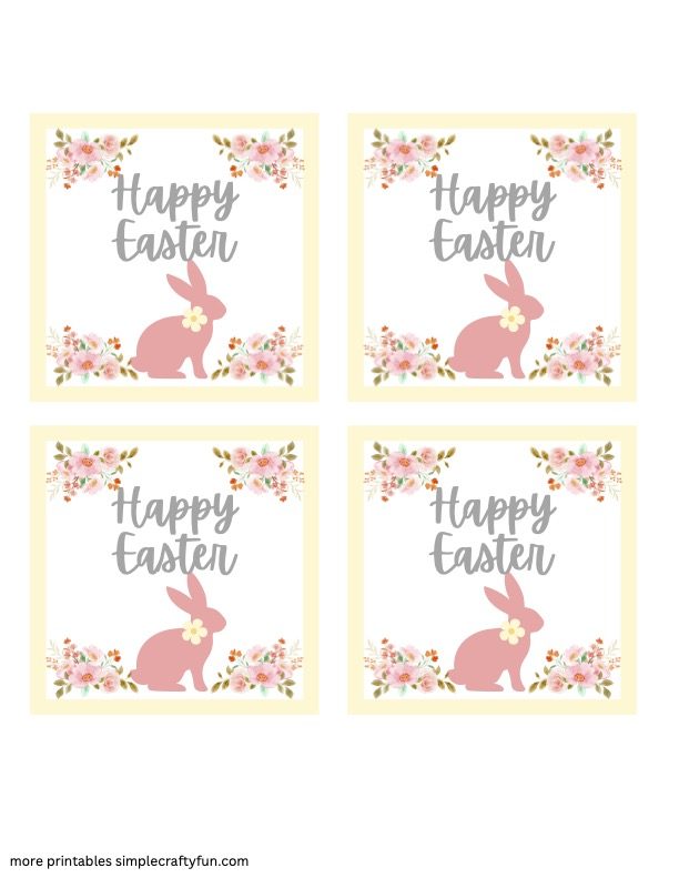 free printable Happy Easter Tag Square Flowers and Bunny Beige