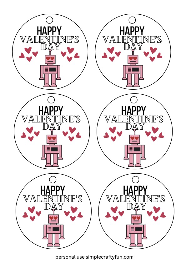 Free printable robot Valentine in gray and pink.