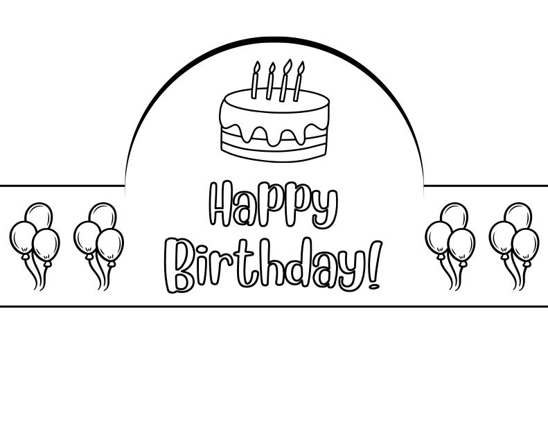 Free printable birthday hat with cake and balloons to color and wear